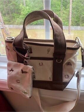 Canvas Tote with Brown Trim and Western Embroidery